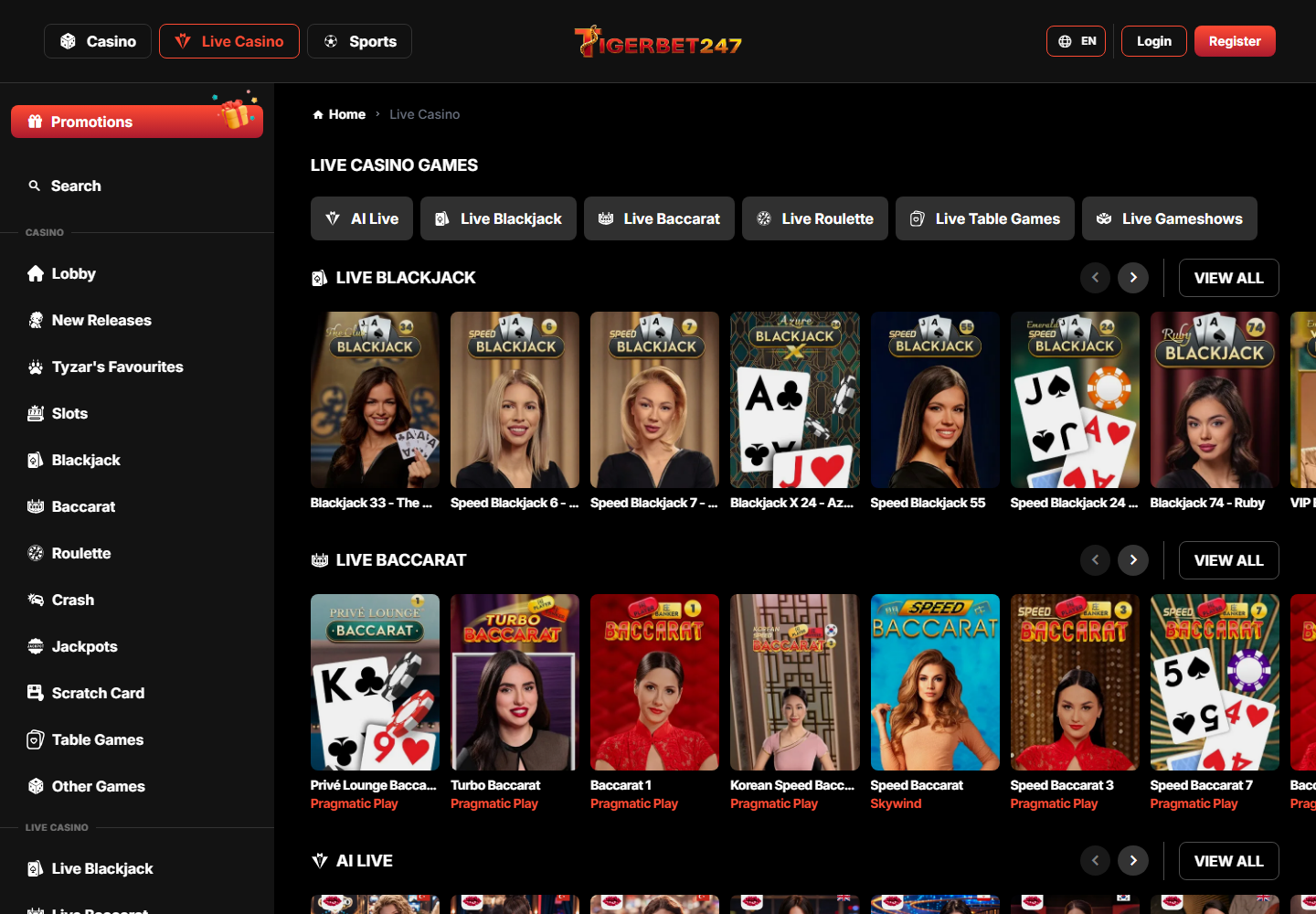 TigerBet247 live casino lobby with dealer tables and game categories